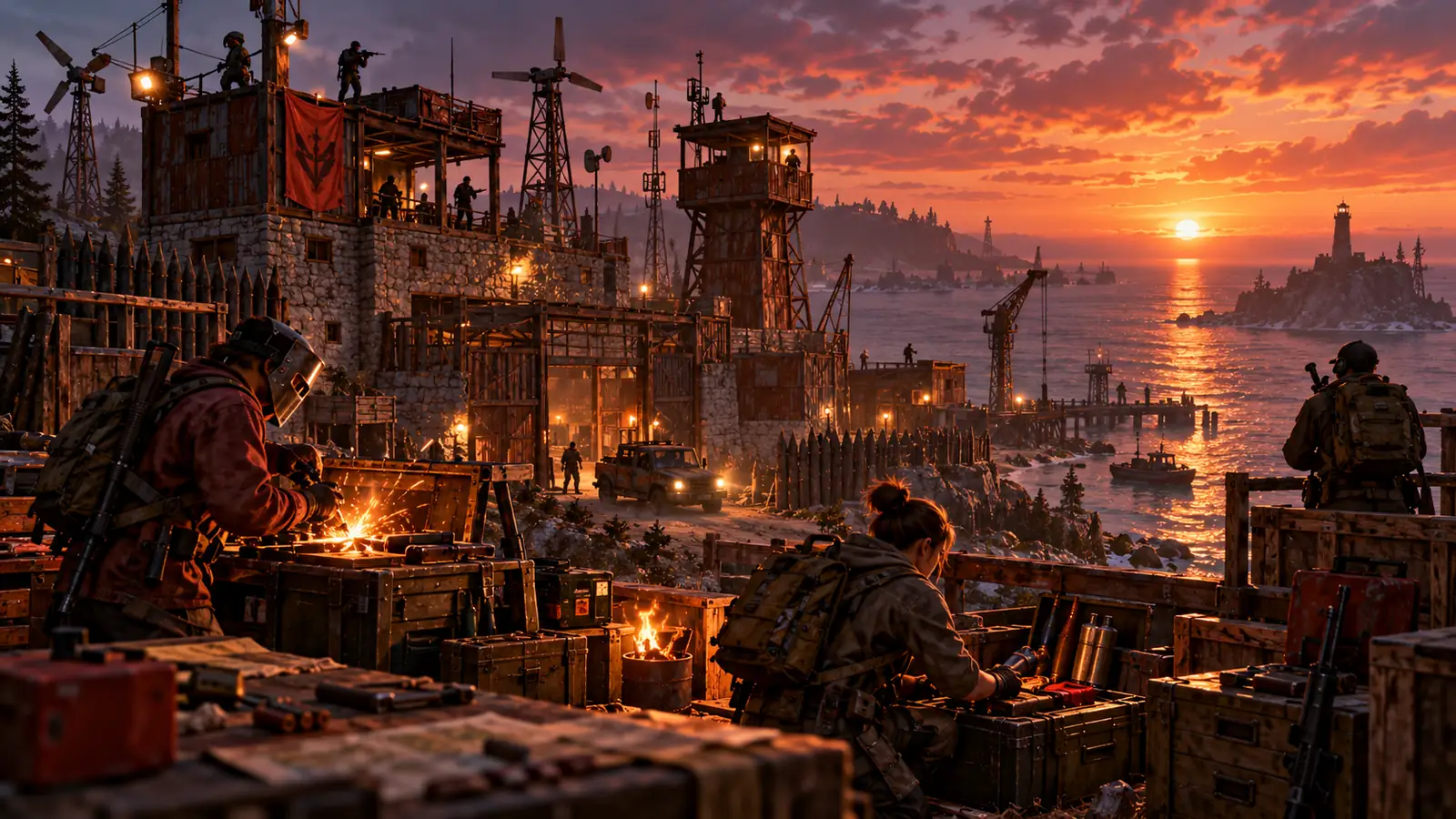 Map-Identität einer Noremizan Season Postapokalyptische Rust-Festung in intensiver Abendstimmung