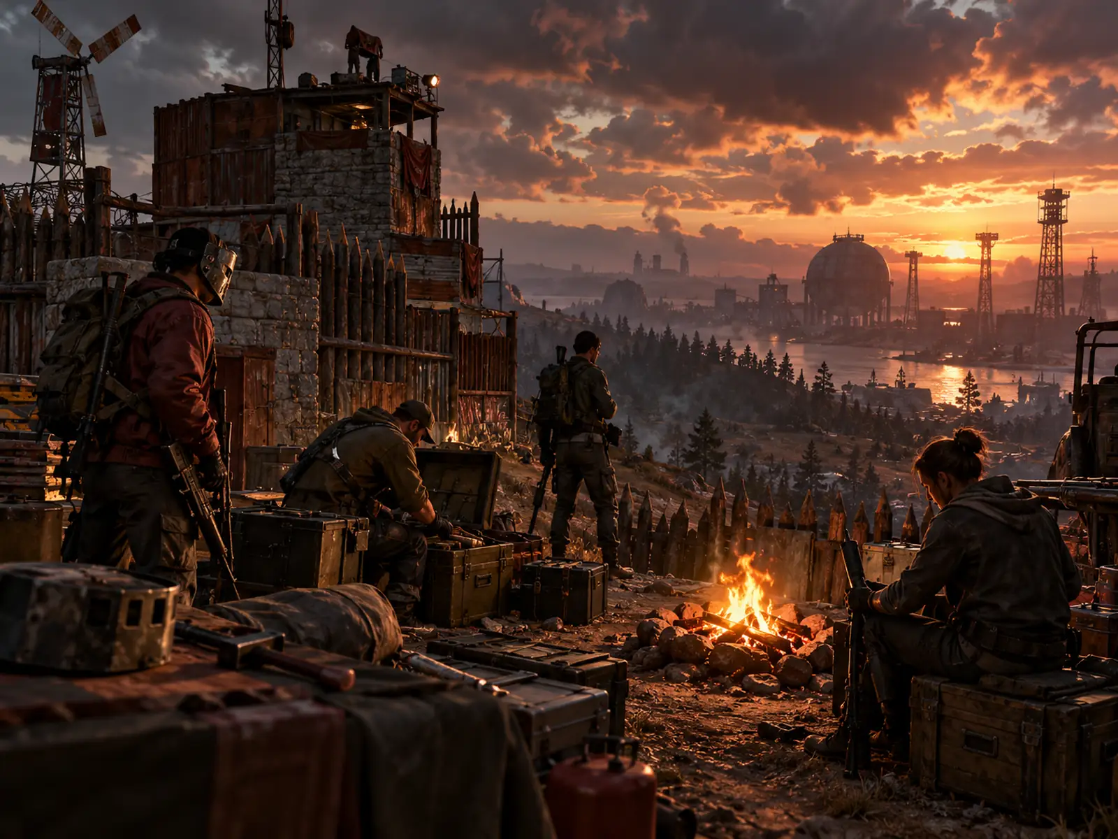 Rust-Außenposten bei Sonnenuntergang mit früher Season-Infrastruktur